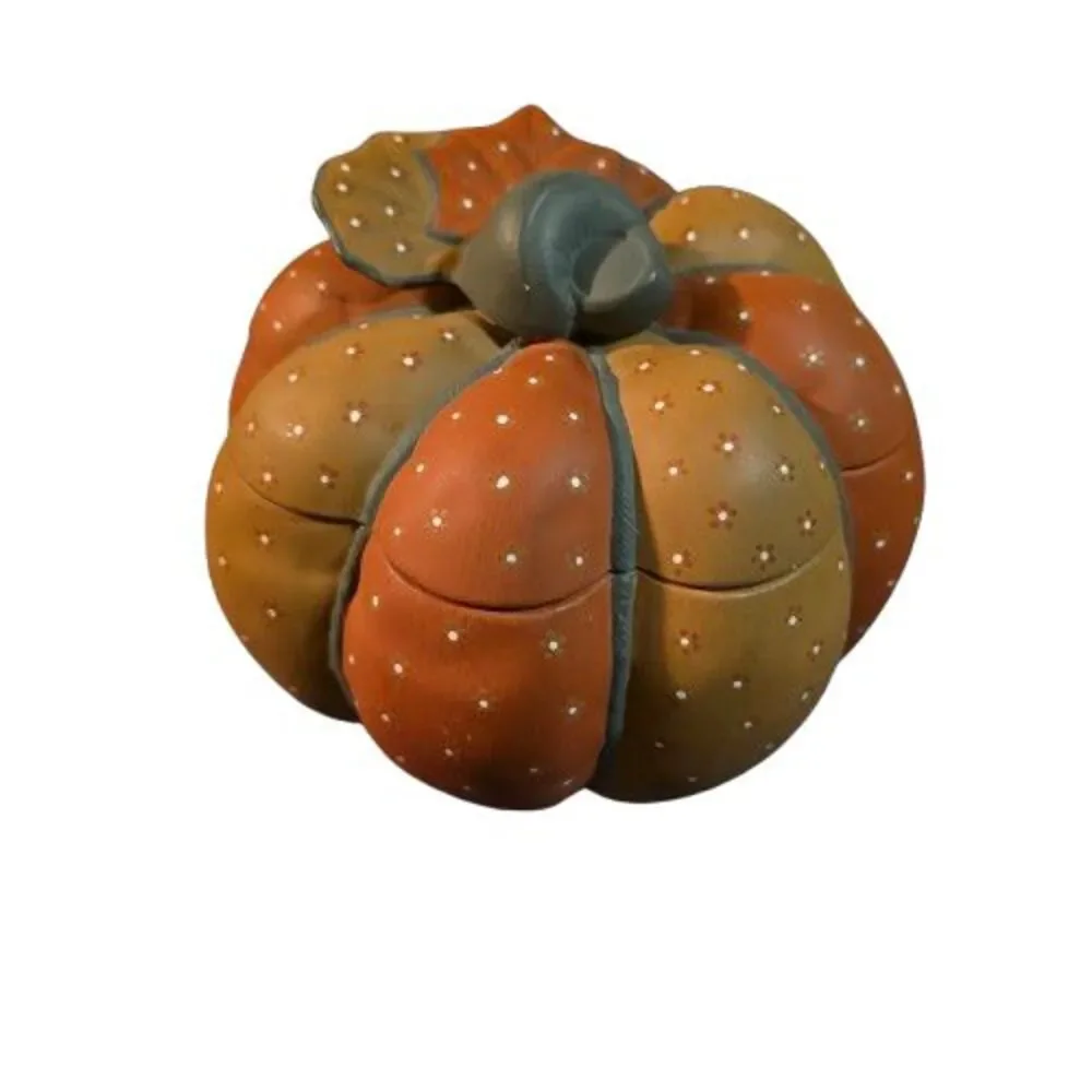 Vintage 1985 Pumpkin Trinket Jar w/ Lid Orange Tan Polka Dot Fall Decor